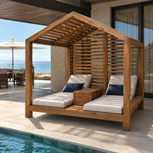 Lit de repos double en teck massif pour piscine, chaise longue d'extérieur avec auvent, mobilier de jardin pour hôtel et resort - Product Image 3