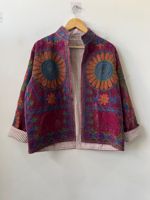 Blouson Bomber Réversible Matelassé en Velours Tricoté Brodé Suzani Vert Vintage Bohème Unisexe Hiver Ethnique Respirant Lettres