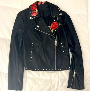 Chaqueta de Moto para Mujer, de Piel de Oveja y PU, de Secado Rápido, con Bordado Floral de Rosas, Cuello Alto, Cierre de Cremallera, Manga Larga, Estilo Invernal - Product Image 6