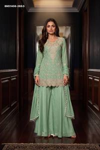 Gorgeous Looking Chinon with <b>Beads</b>-Pearl-Sequin work Readymade Short Suit-Plazzo-Latkan Dupatta Set Collection Indian Exporter - Product Image 2