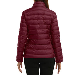 Women <b>Burgundy</b> Stand Collar <b>Puffer</b> <b>Jacket</b> Casual Solid Color Polyester Shell Windproof Zipper Closure Thin Fit Autumn Wear - Product Image 3