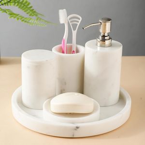 High on Demand Luxury White Marble Patterned Stoneware Bathroom <b>Set</b> <b>Soap</b> Dispenser and Wash Storage <b>Set</b> at Wholesale Price - Product Image 3
