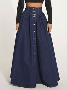 High Waisted A-Line Denim Maxi Skirt Women Solid Button Front Washed Casual Style Spring Loose Fit - Product Image 1