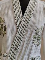Robe Kimono en Coton Imprimée à la Main, Motif Floral Géométrique Vert, Style Jaipuri Bohème, Coupe Ample, Idéale pour Spa, Hôtel, Resort, Vente en Gros pour Adultes