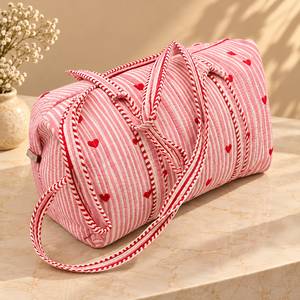 Bolsa de Viaje de Fin de Semana, Portátil, Ecológica, con Estampado de Corazones y Rayas Blancas, Acolchada, de Algodón - Product Image 3