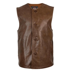 Chaleco de Motociclista de Cuero Genuino Marrón, Estilo Vintage, Sin Mangas, con Cuello Mao y Cierre Tradicional con Botones de Palanca - Product Image 1