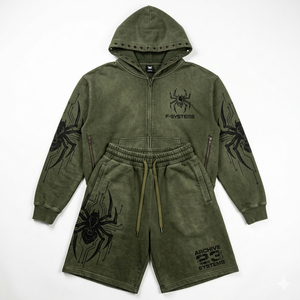 Custom Unisex Applique Patch Zip Hoodie Shorts <b>Set</b> Graphic acid wash Two Piece OEM ODM Private Label Apparel Manufacture - Product Image 1
