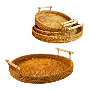 Handwoven RATTAN TRAY FRUIT <b>STORAGE</b> <b>BASKET</b> with Handles Gift, Decorative <b>Wicker</b> Tray for Dining Table - Product Image 1