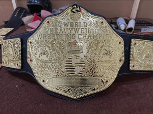 Custom Big Gold World Heavyweight Wrestling Championship Belt Brass 4mm Adult Size - Gold Plated Metal Plates & Leather Strap - Product Image 2