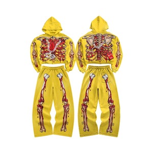 Conjunto de Sudadera con Capucha y Pantalones Deportivos para Hombre, Estampado de Esqueleto Amarillo, Estilo Urbano, Impresión Digital, Poliéster, Dos Piezas, Ropa de Otoño - Product Image 1