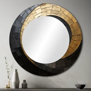 Circular Metal Wall <b>Mirror</b> with Black and Gold Irregular <b>Tile</b> Frame Art Deco Home Decor Accent for Living Room - Product Image 2