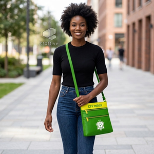 Sac bandoulière en cuir PU vert Chi Eta Phi Sorority avec deux poches zippées, sangle réglable et emblème lettres grecques - Product Image 5