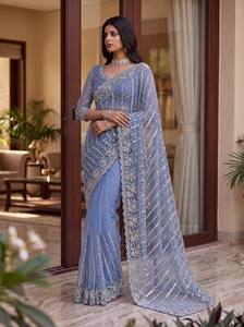 Sari long en polyester brodé de sequins bleus avec dupatta en filet, tenue de mariage indienne et pakistanaise pour femme, séchage rapide - Product Image 1