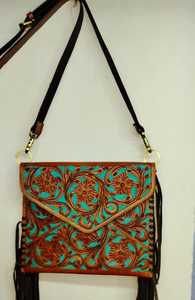 Vintage Geometric Kilim Basketweave <b>Leather</b> Lady Handbag | Genuine <b>Leather</b> <b>Tooled</b> Fringe Shoulder Bag | Ethnic Western Clutch - Product Image 2