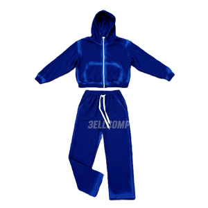 Wholesale Blue Sweatsuit Set Full <b>Zip</b> <b>Hooded</b> Sweatshirt and Sweatpants Casual Loose Fit Streetwear Sweatsuit - Product Image 2