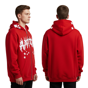 เสื้อฮู้ดดี้ผู้ชายสไตล์ Y2K สีแดง ซิปยาวเต็มตัว ลายกราฟิกเปลวไฟ ปักลายอย่างดี ผ้าฟลีซหนานุ่ม ทรงโอเวอร์ไซส์ - Product Image 4