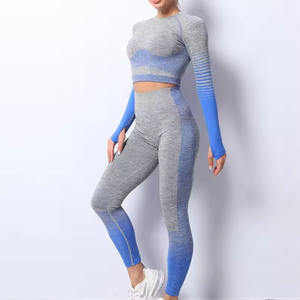 Ensemble de sport sans couture à manches longues avec empiècements en mesh respirant et crop top à trous pour les pouces, pour la gym, la course à pied et le yoga, pour femmes - Product Image 6
