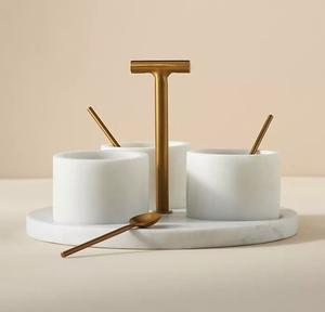Présentoir en marbre et laiton organisateur à trois niveaux décoratif décor à la maison design moderne avec cuillères support de table fonctionnel - Product Image 1