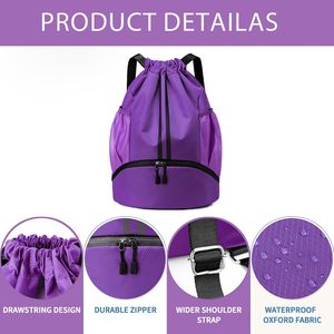 Purple Nylon <b>Drawstring</b> <b>Backpack</b> with Mesh Side Pockets and Zippered Bottom Compartment for Gym Sports Travel - Product Image 4