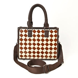 Fashion Brown white Checkered Leather Tote <b>Bag</b> for Women Designer Crossbody <b>Shoulder</b> Handbag with Adjustable <b>Strap</b> - Product Image 1