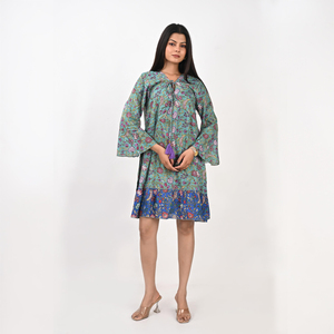 Robe élégante à imprimé floral style sari indien, col en V, manches longues, taille naturelle à nouer, décontractée, pour le quotidien, été, mode bohème - Product Image 1