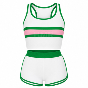 HMR Sorority Sisterhood <b>White</b> Green Pink Striped Sporty <b>2</b> <b>Piece</b> Shorts <b>Set</b> Crop Top With Side Stripe Regular Fit - Product Image 5