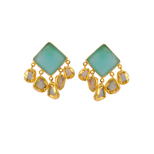 Boucles d'oreilles pendantes carrées vertes plaquées or PURPLE ELEPHANT avec pierre rose pour fête et mariage - Style tendance à prix abordable - Product Image 5