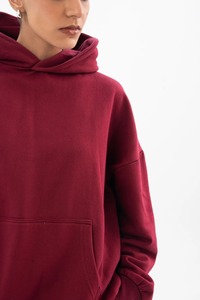 <b>Women's</b> Oversized <b>Hoodie</b> Wine <b>Red</b> Drop Shoulder Pullover Sweatshirt Long Sleeve Front Pocket Solid Casual Top - Product Image 3