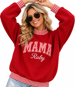 Sudadera Oversize de Cuello Alto para Mujer al por Mayor con Aplique de Letras Personalizado y Diseño a Cuadros con Bloques de Color - Product Image 4