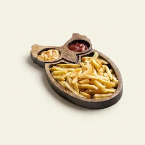 Assiette de service en bois d'acacia faite à la main en forme de hibou avec compartiment pour les sauces, pour les collations de fête, design de dessin animé, vaisselle et assiettes - Product Image 4