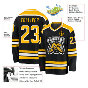 Custom Logo <b>Men's</b> <b>Black</b> Yellow Ice Hockey Jersey V-Neck Full Sleeve Sublimated Print Breathable Polyester Mesh Apparel - Product Image 3