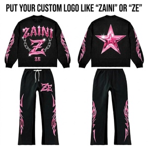 Ensemble sweat-shirt et pantalon unisexe adulte personnalisé avec logo, imprimé pailleté noir et rose, style streetwear, manches longues, cordon de serrage, automne - Product Image 1