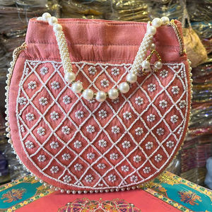 Indian Fancy Handmade Work Appliques Pearls Chain Handle <b>Embroidered</b> Women's Evening Handbag <b>Clutch</b> Purse Potli Bucket <b>Bag</b> - Product Image 3