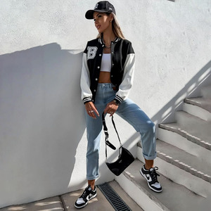 Wholesale Custom Hot Fit Crop Women's <b>Varsity</b> Baseball <b>Jacket</b> High Quality Crop Top with Long Winter Sleeves Blank Leather - Product Image 5
