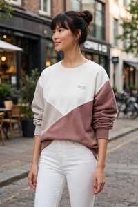 Sweat-shirt à col rond pour femme, à blocs de couleur, à épaules tombantes, à manches longues, pull décontracté - Product Image 5