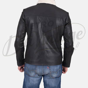 Chaqueta de Cuero Genuino Negra para Hombre con Cuello de Piel Sherpa Blanca, Chaqueta de Cuero Estilo Biker Casual, Ajustada y Cálida para Invierno - Product Image 4
