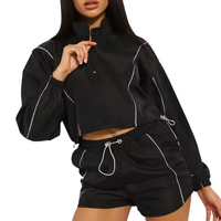 Ensemble survêtement d'été sportif hip-hop : veste coupe-vent courte noire respirante brodée tissée à quart de zip et short assorti