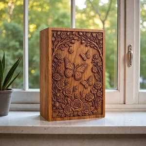 Handcrafted Baby Butterfly Wooden Urn <b>Box</b> Eco-Friendly Durable Cremation <b>Memorial</b> Keepsake Personalized Floral Engraving - Product Image 3
