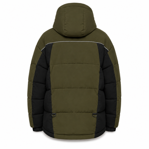 Factory Direct Winter Puffer <b>Jacket</b> Color Block Panels Insulated Hood Custom Embroidery Smooth Black Polyester Lining Outerwear - Product Image 3