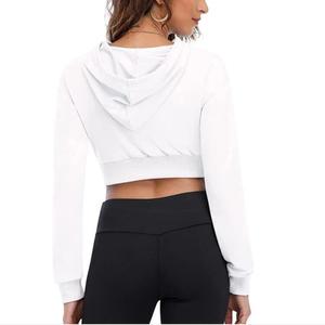 Women <b>White</b> <b>Cropped</b> Hooded <b>Sweatshirt</b> Long Sleeve Solid Color Knitted Breathable Autumn Wear - Product Image 4