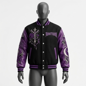 <b>Men</b> Black Purple Leather Sleeve <b>Jacket</b> Custom Rose Embroidery <b>Gothic</b> Floral Streetwear Snap Button Bomber - Product Image 4