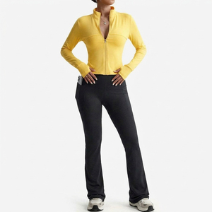 Women's Yellow Zip-Up <b>Long</b> <b>Sleeve</b> <b>Top</b> With <b>Black</b> Flared Pants Set Sporty All Seasons Knitted Spandex Polyester Workout Wear - Product Image 2
