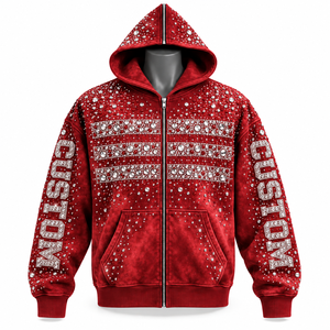 Sweat à capuche zippé unisexe personnalisé, uni, orné de strass et de cristaux, style streetwear hip-hop, pour l'hiver - Product Image 1