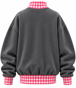 Premium Women’s Oversized Mock Neck Pullover Custom Gingham Embroidery Patchwork Drop Shoulder <b>Fleece</b> <b>Sweatshirt</b> - Product Image 4