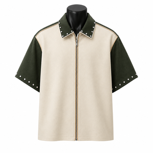 Spring Oversize <b>Black</b> Clothing Manufacturer Custom Logo High Quality Breathable Wholesale <b>Men's</b> Full Zipper <b>Short</b>-<b>sleeved</b> <b>Shirt</b> - Product Image 1