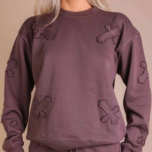 Women's Brown 2-Piece Sweatshirt <b>Set</b> Loose Fit Casual <b>Knitted</b> Applique Crew Neck Full Sleeve Ankle-Length Polyester/Cotton Long - Product Image 6
