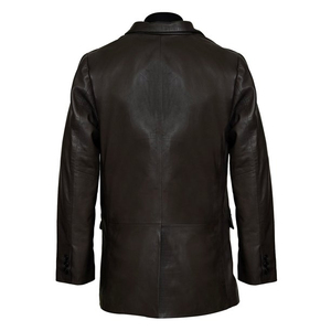 Men Navy Blue Leather <b>Blazer</b> Single Breasted Notched Collar Regular Fit Full Length Sleeve British Style Jacket - Product Image 3