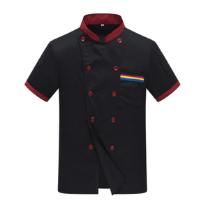 Chaqueta de Chef Unisex Negra de Poliéster/Algodón con Mangas Cortas Rojas y Cierre de Botones para Uso en Restaurantes y Bares - Product Image 2
