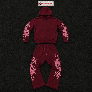 Conjunto Deportivo Color Granate con Sudadera con Capucha con Estampado de Estrellas Rosas y Pantalones con Cordón, Estilo Casual, Holgado, para Otoño - Product Image 5