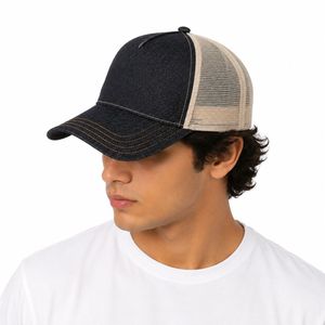 Gorra Trucker de Mezclilla Negra para Hombre con Malla Beige en la Parte Trasera, Ajustable, de 5 Paneles, Estilo Casual, para Primavera/Verano, con Bordado 3D - Product Image 1